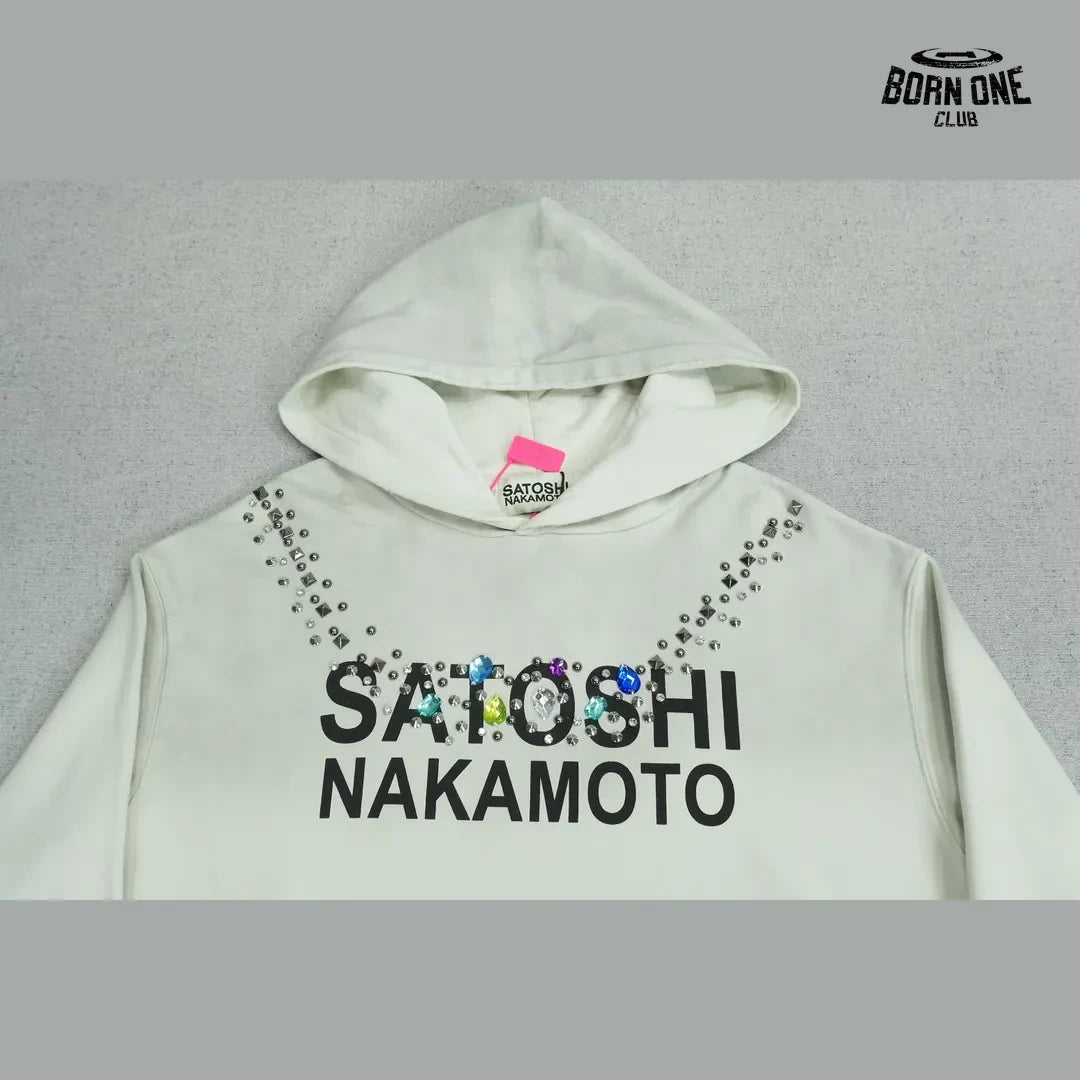 Moletom Satoshi Nakamoto Rhinestone Logo Hoodie White