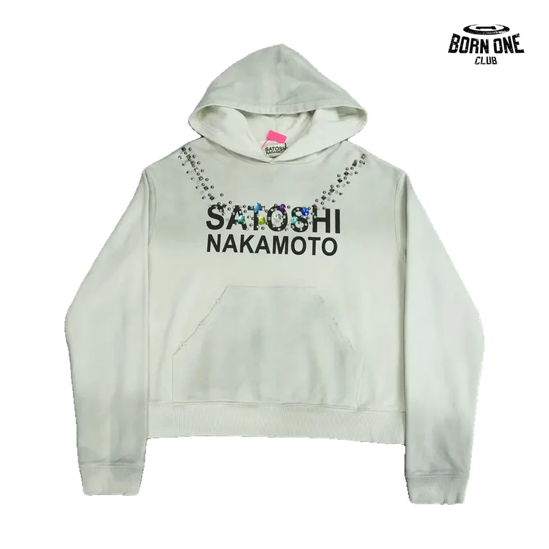 Moletom Satoshi Nakamoto Rhinestone Logo Hoodie White