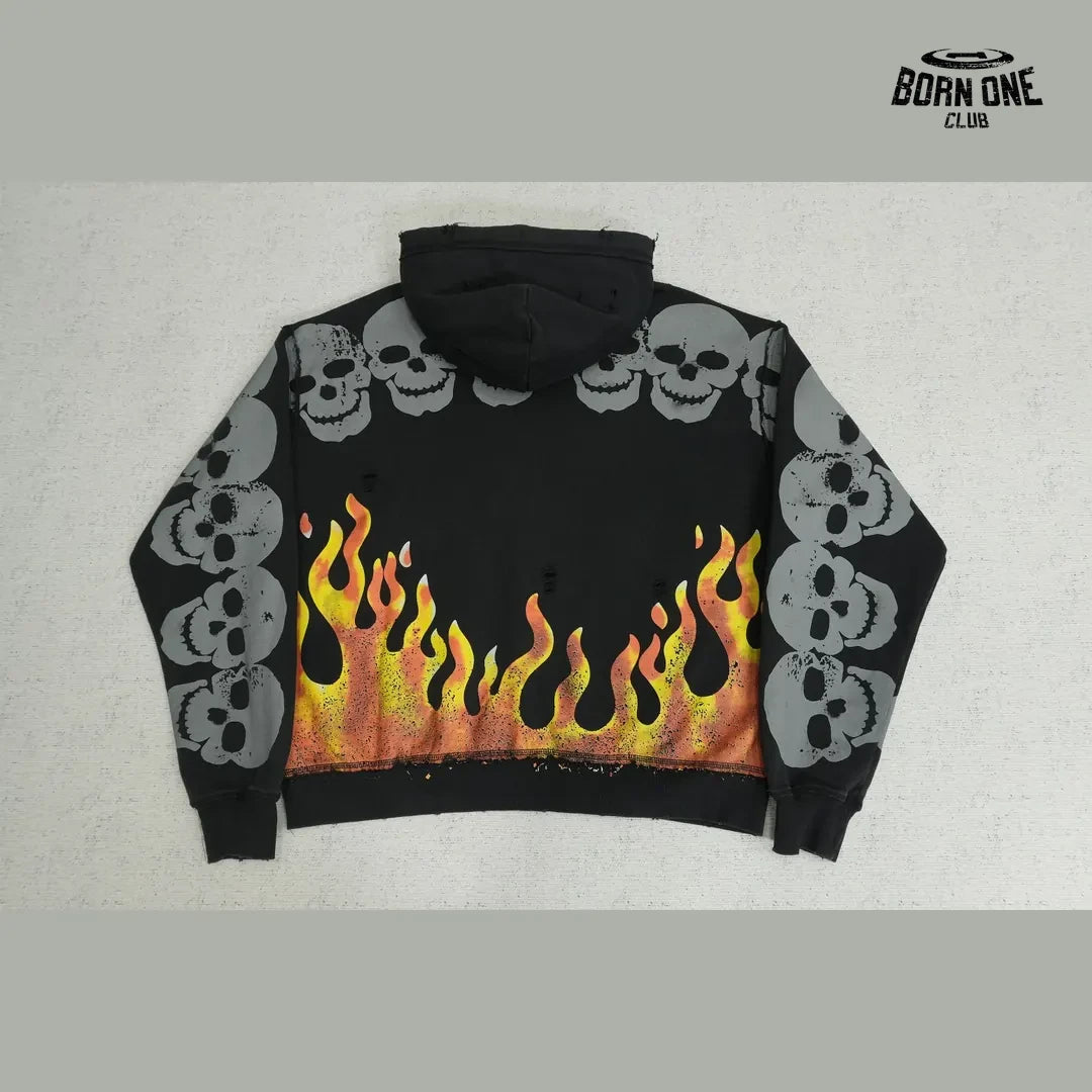 Moletom Satoshi Nakamoto Skull Flames Zip Up Hoodie Black
