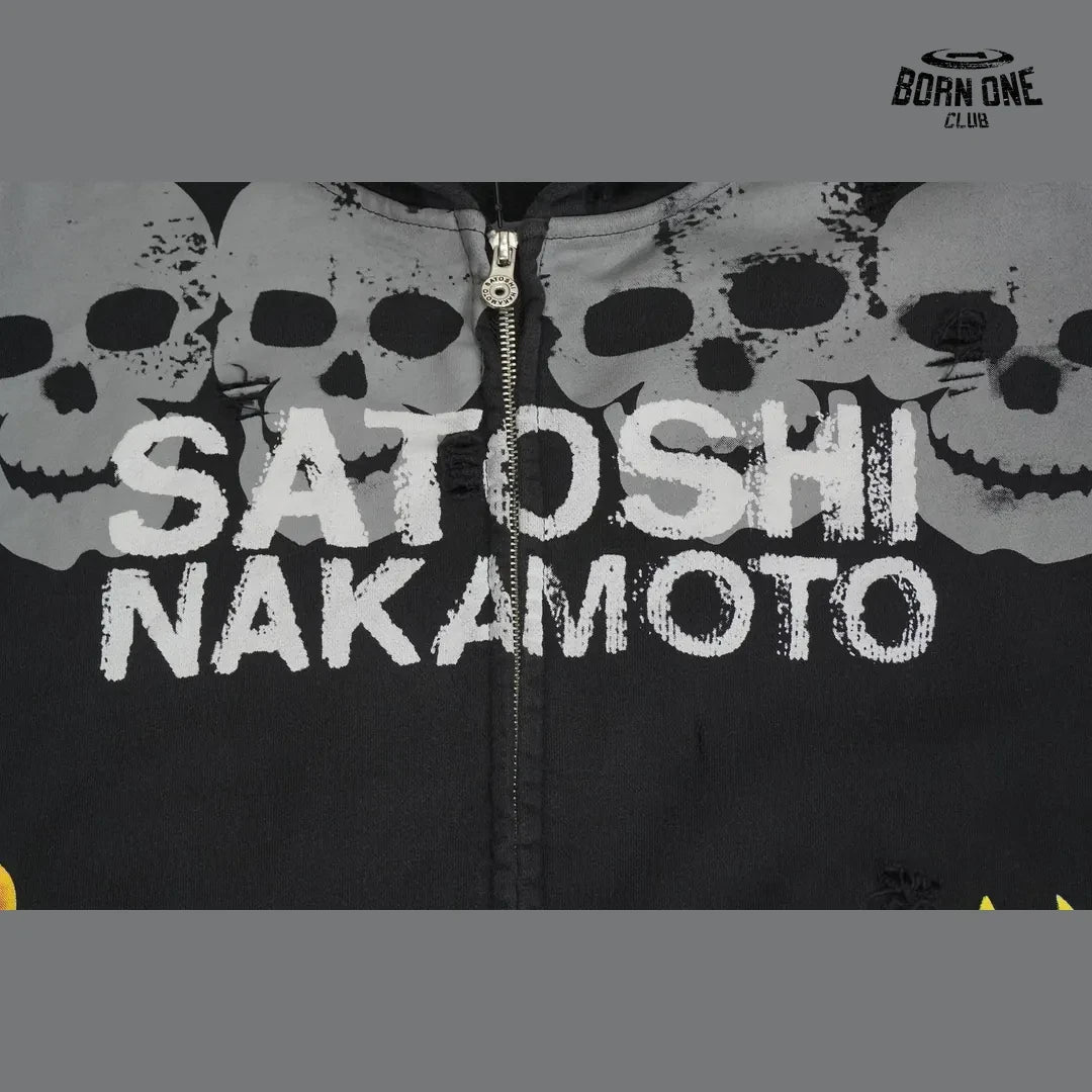 Moletom Satoshi Nakamoto Skull Flames Zip Up Hoodie Black