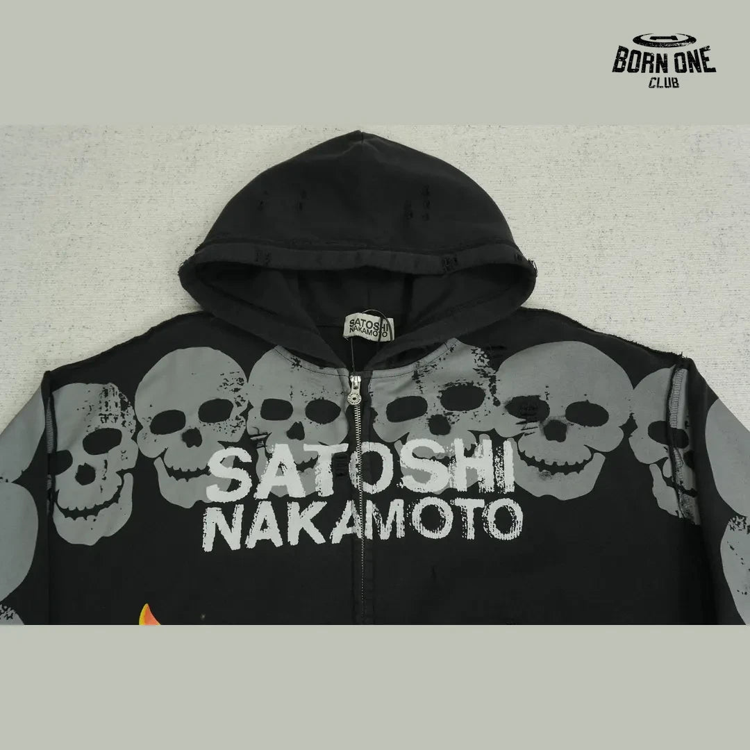 Moletom Satoshi Nakamoto Skull Flames Zip Up Hoodie Black