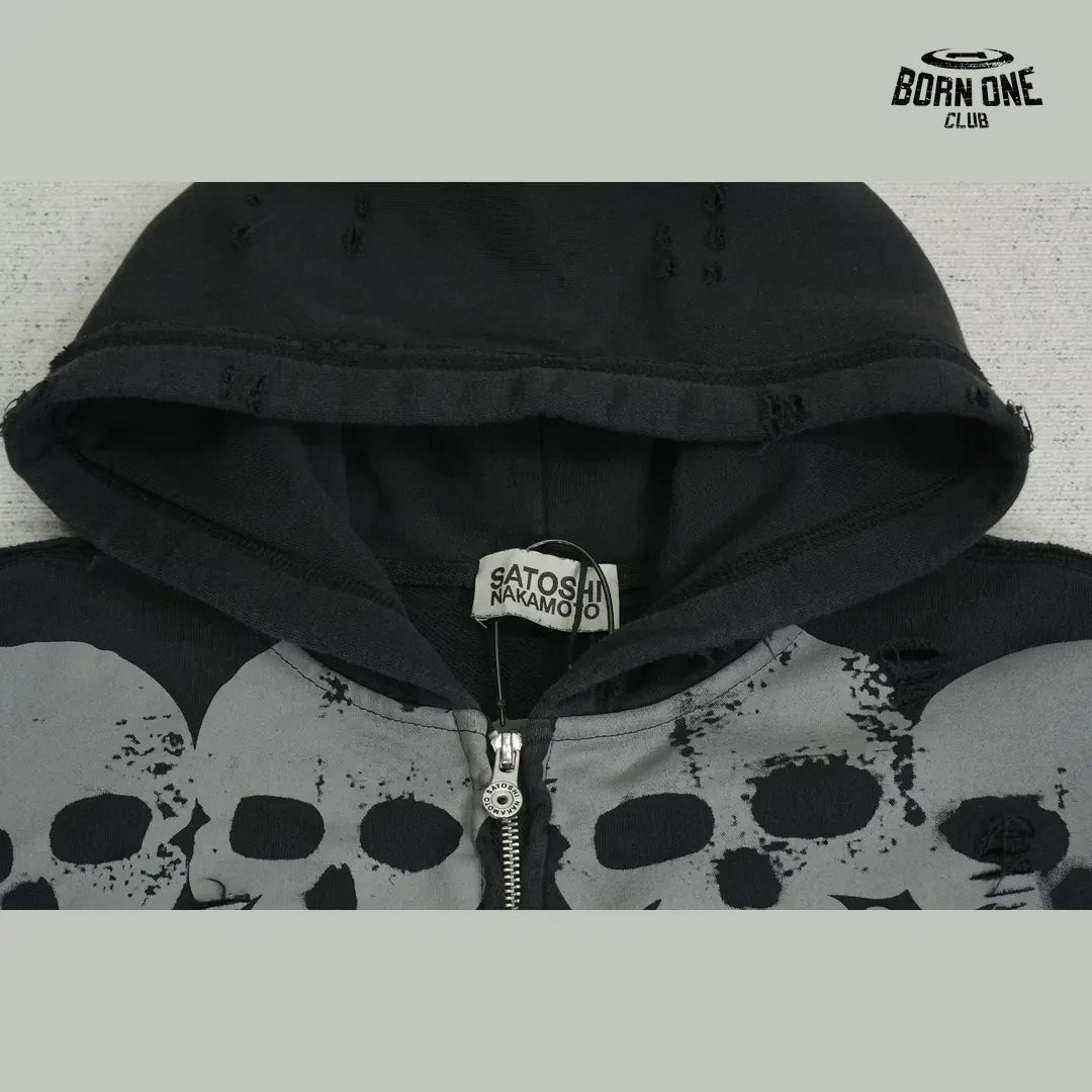 Moletom Satoshi Nakamoto Skull Flames Zip Up Hoodie Black