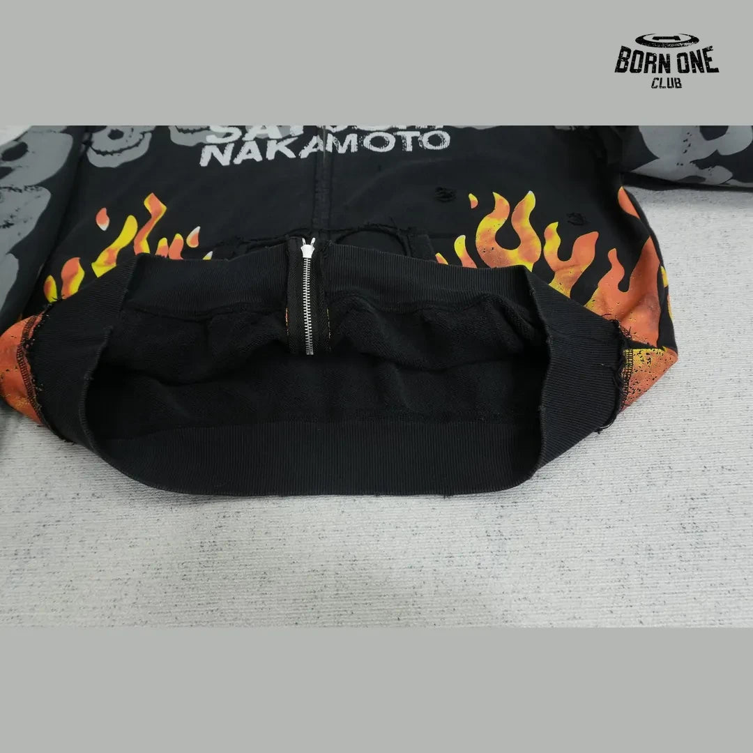 Moletom Satoshi Nakamoto Skull Flames Zip Up Hoodie Black