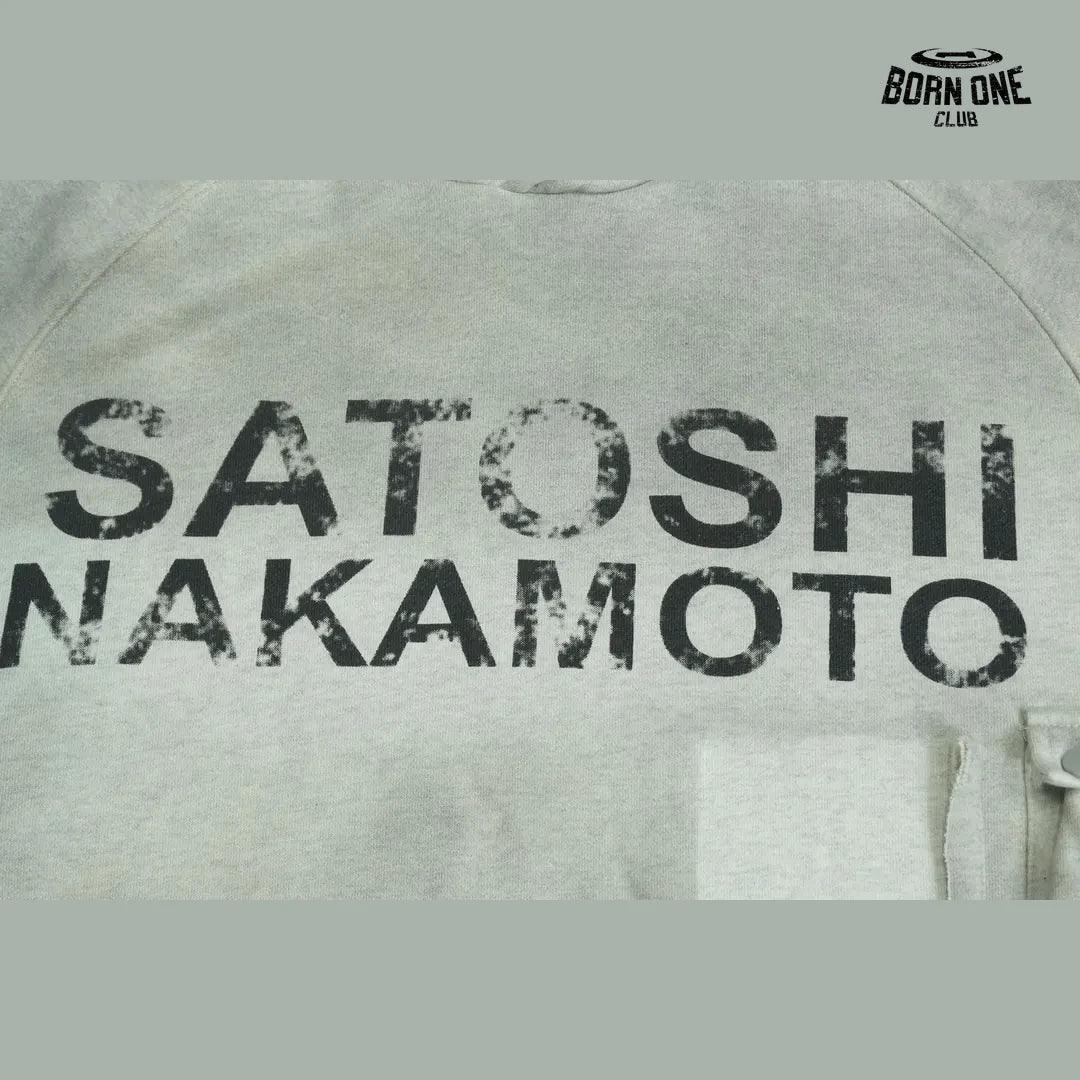 Moletom Satoshi Nakamoto Washed Logo Pocket Hoodie Grey