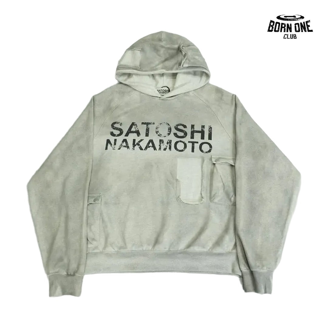 Moletom Satoshi Nakamoto Washed Logo Pocket Hoodie Grey