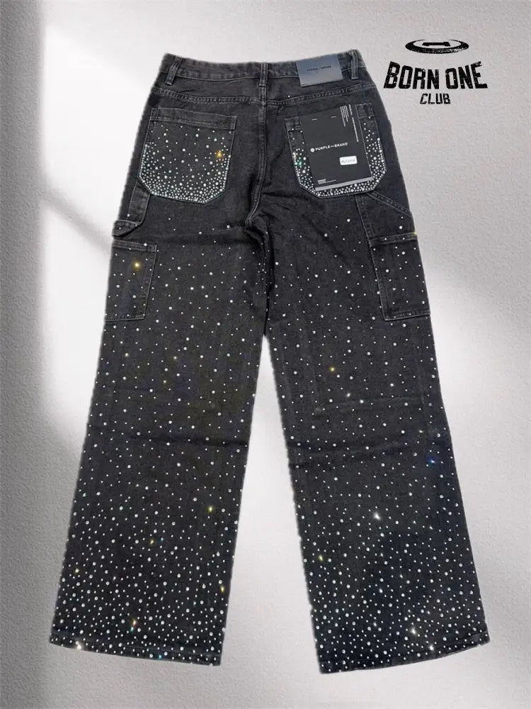 PURPLE BRΑND Rheinstone Pants Black Calça Jeans