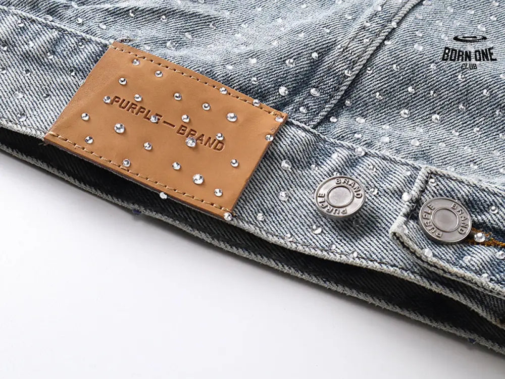 Purple Brand Personality Hotfix Rhinestone Casual Denim Jaqueta Jeans
