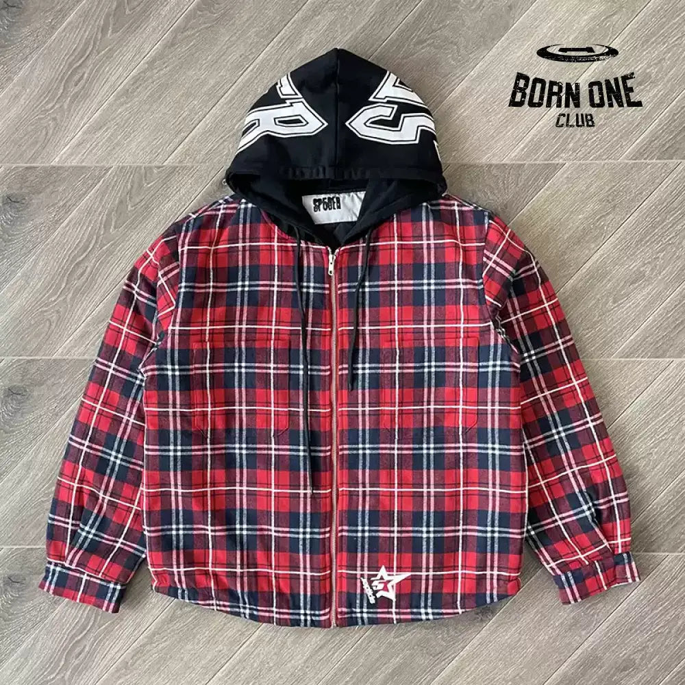 Sp5der Hooded Zip Flannel Shirt Jacket Jaqueta