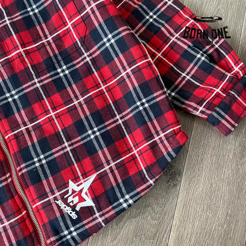 Sp5der Hooded Zip Flannel Shirt Jacket Jaqueta