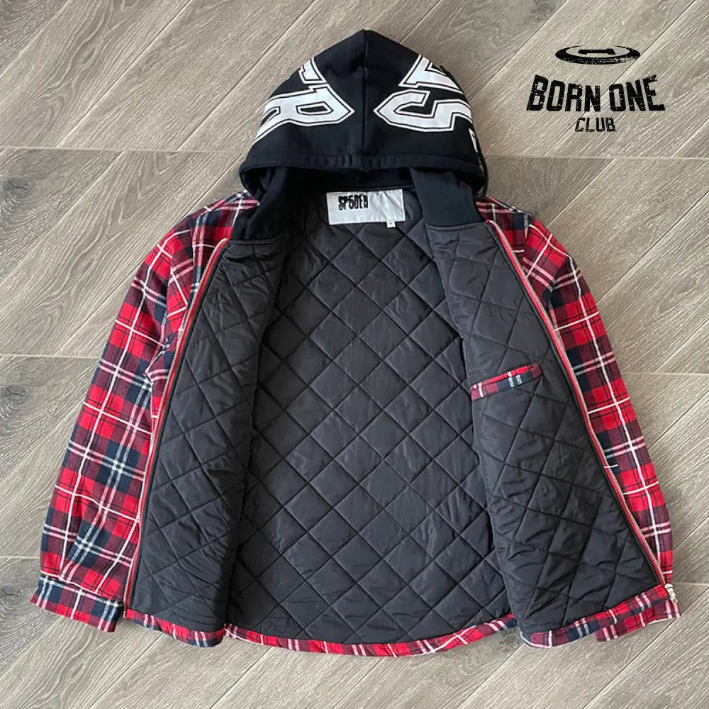 Sp5der Hooded Zip Flannel Shirt Jacket Jaqueta