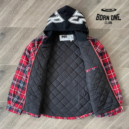 Sp5der Hooded Zip Flannel Shirt Jacket Jaqueta