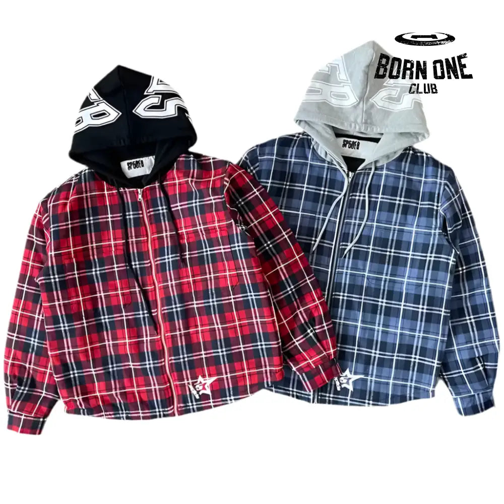 Sp5der Hooded Zip Flannel Shirt Jacket Jaqueta