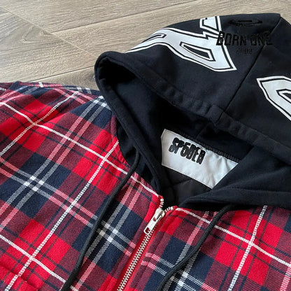 Sp5der Hooded Zip Flannel Shirt Jacket Jaqueta