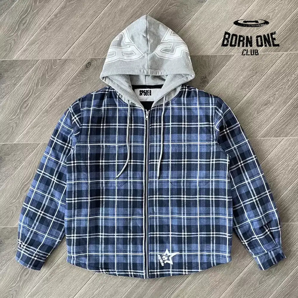 Sp5der Hooded Zip Flannel Shirt Jacket Jaqueta