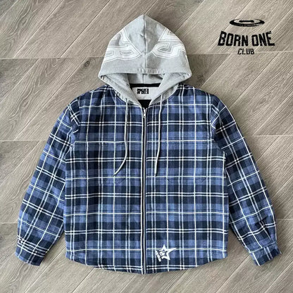 Sp5der Hooded Zip Flannel Shirt Jacket Jaqueta