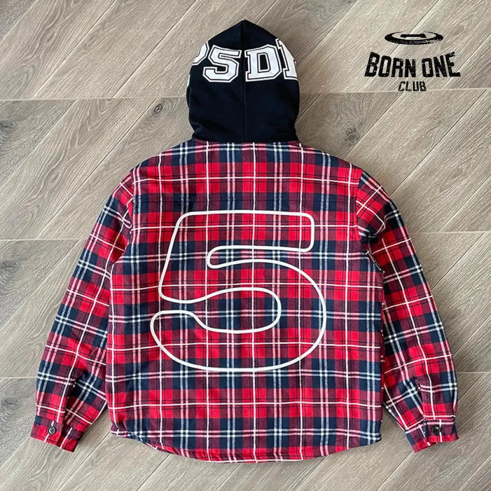 Sp5der Hooded Zip Flannel Shirt Jacket Jaqueta