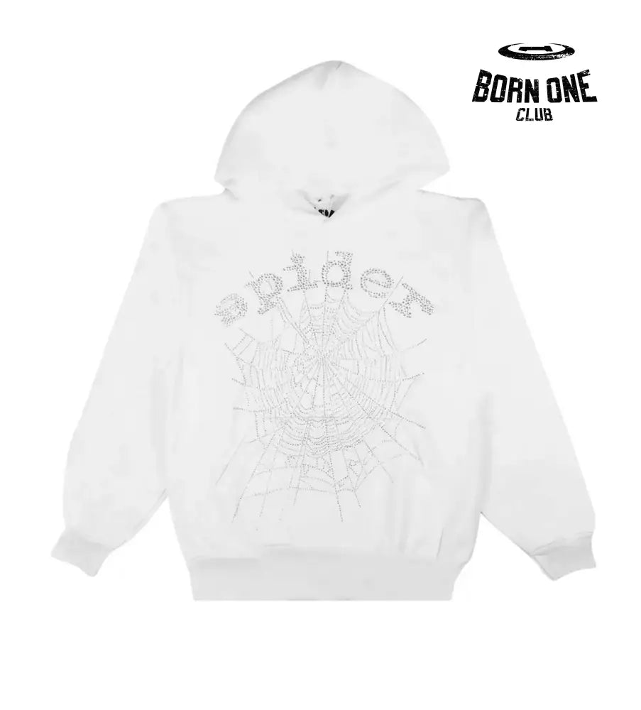 Sp5der OG Rhinestone Hoodie White Hoodie