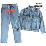 Spider denim jean jacket red logo Conjunto Jaqueta Calça