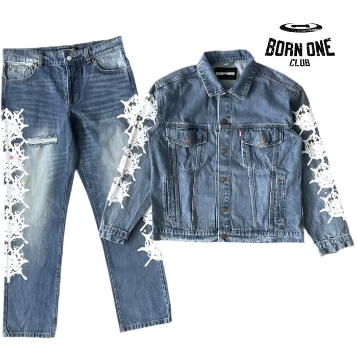 Sp5der Worldwide denim jean Jaqueta Conjunto Jaqueta Calça