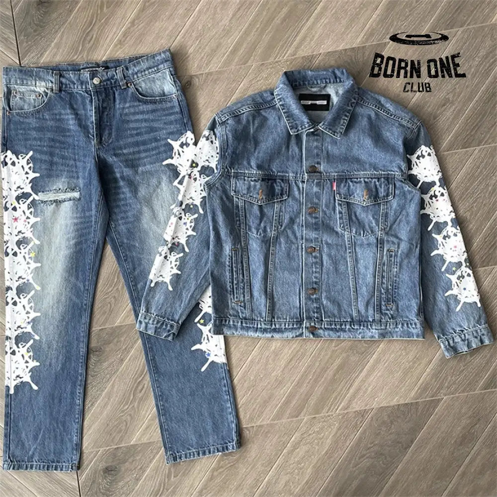Spider Worldwide denim jean jacket Conjunto Jaqueta Calça