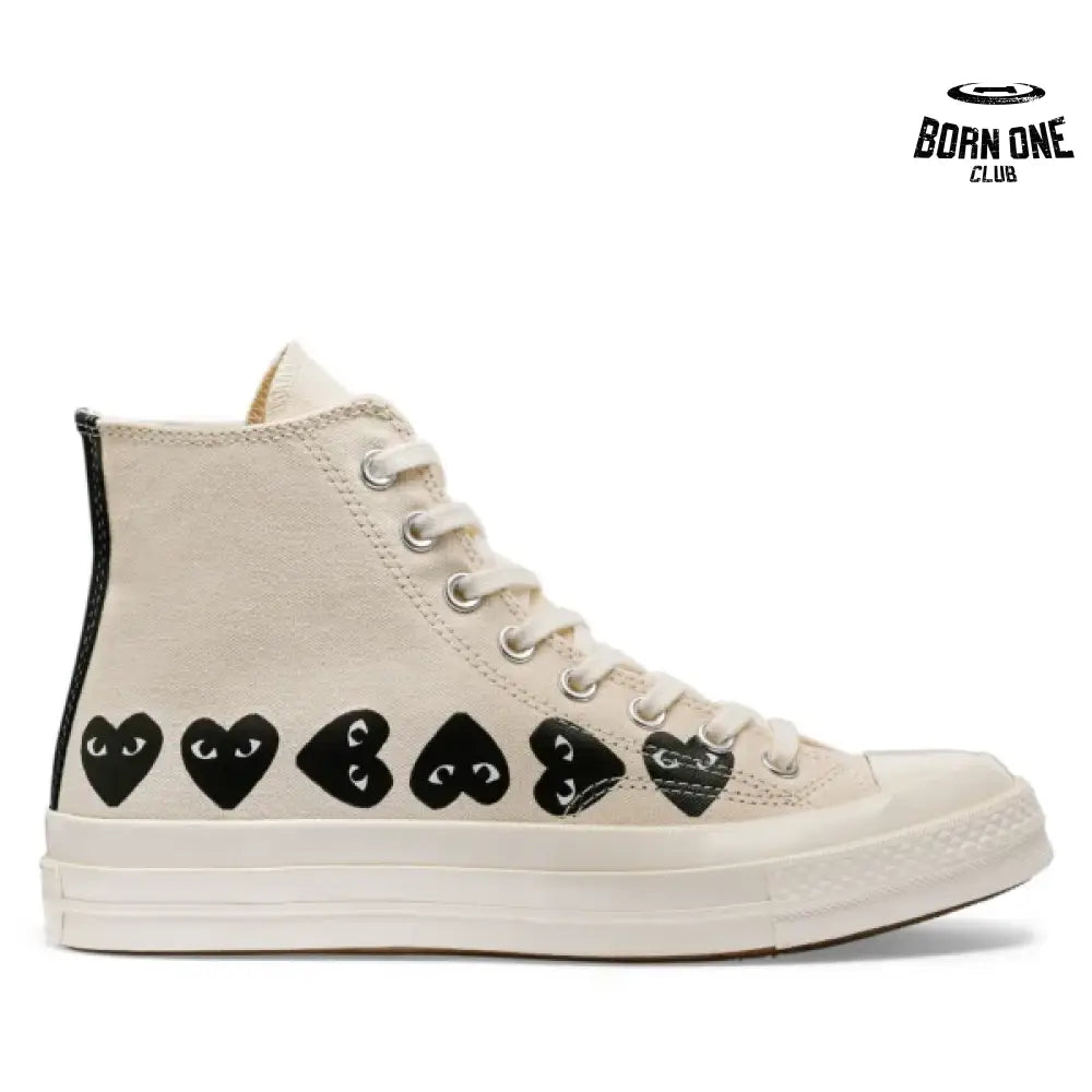 Comme des Garcons White Converse High Top with Multi Hearts